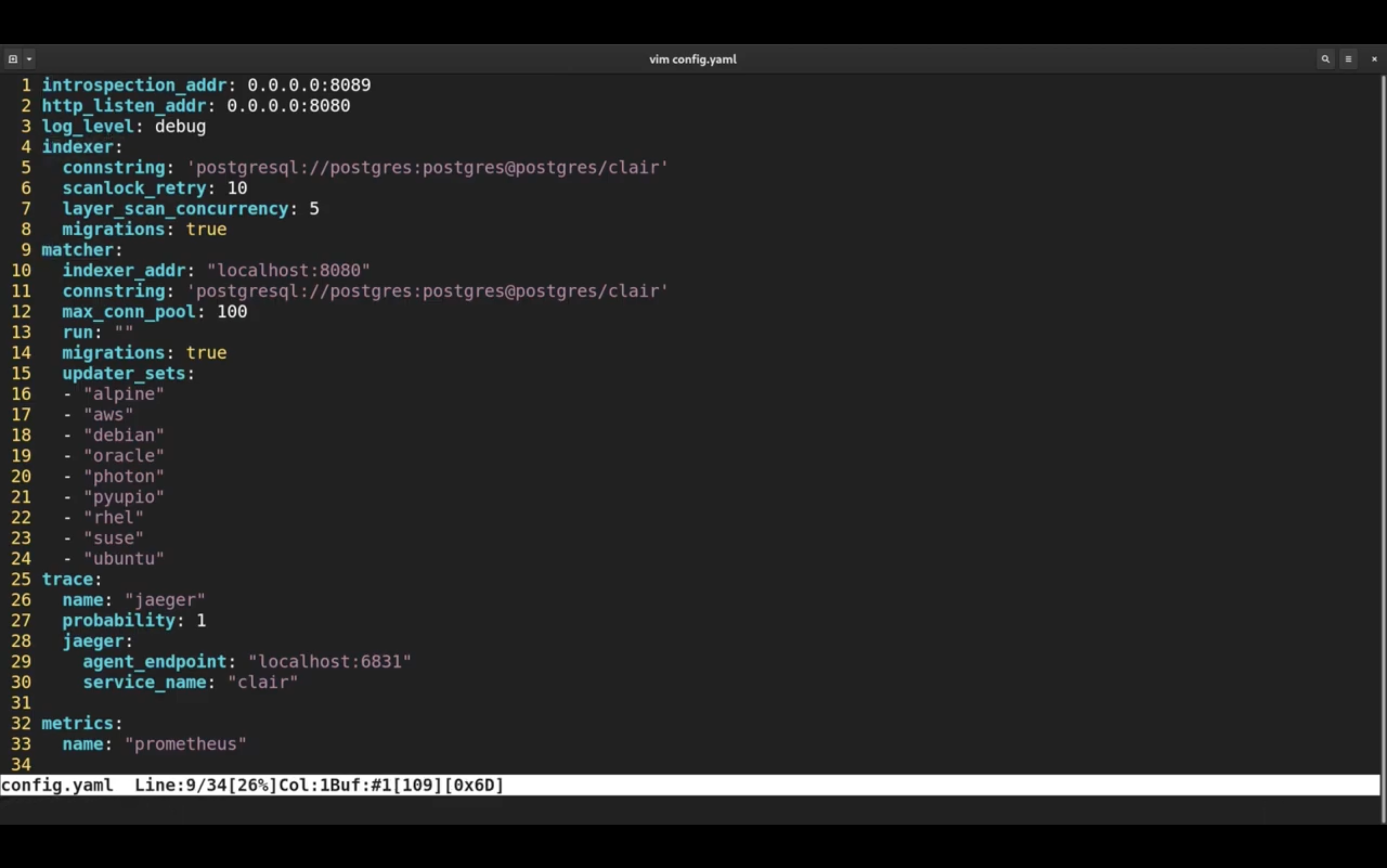 Text editor displaying a YAML configuration file for a service, outlining connection strings, concurrency settings, `updater_sets` for different platforms like "alpine" and "ubuntu", and tracing configurations with a service name "clair", using "jaeger" and metrics with "prometheus".