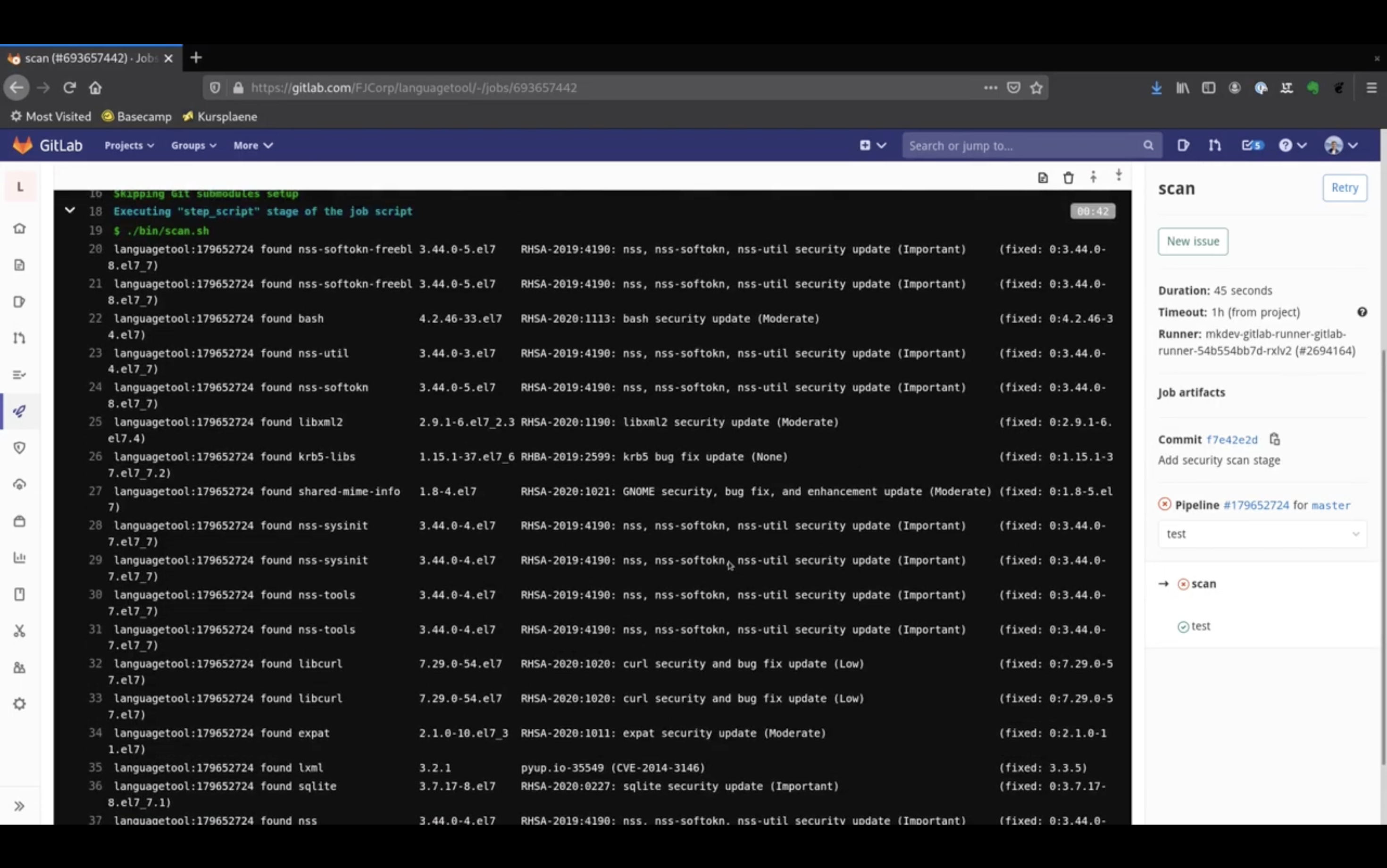 Screenshot of a GitLab interface showing a pipeline job log for a security scan. The terminal displays results of various packages with security report details, including updates and fixes. On the right, a sidebar shows job details like duration and commit information.