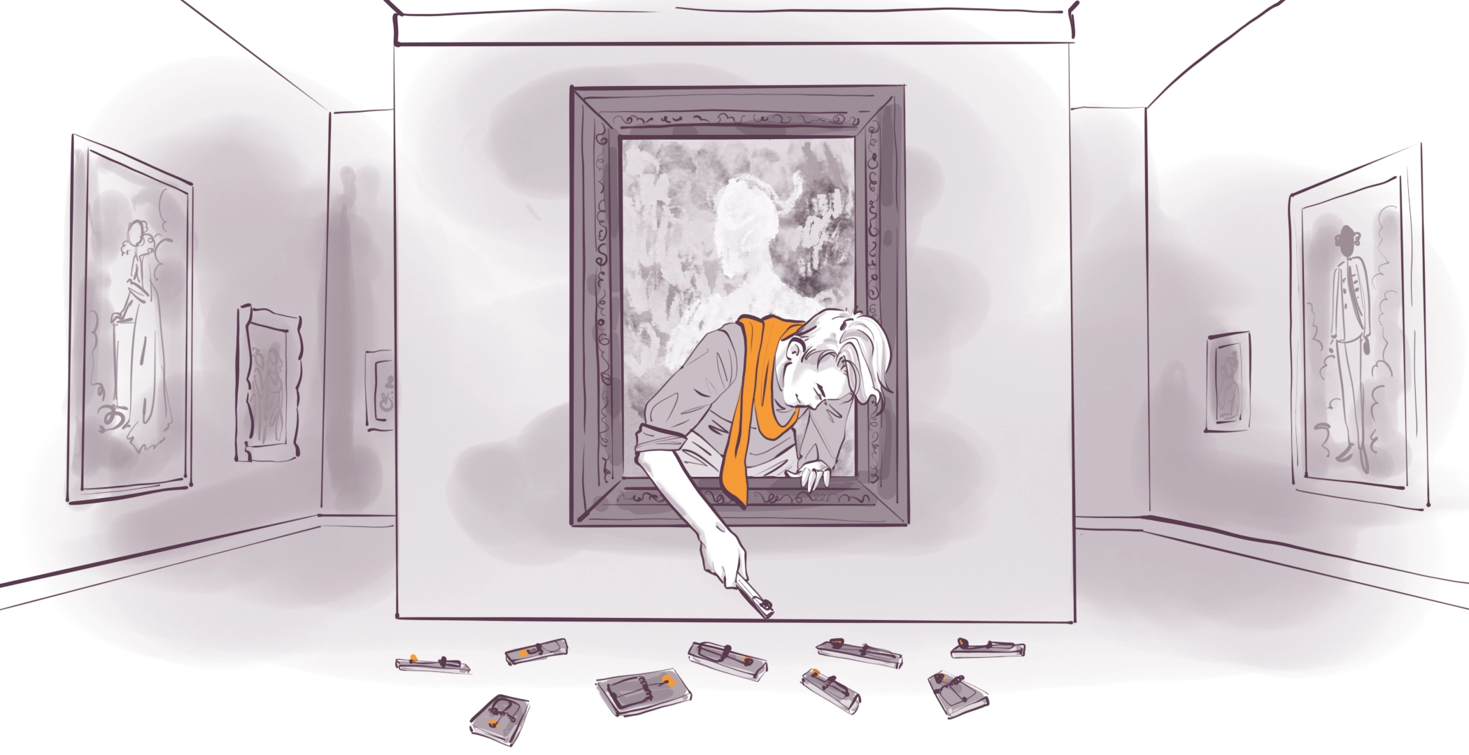 Illustration of a person leaning out of a picture frame, sweeping dust with a brush, in an art gallery setting. Various framed artworks are visible on the walls, and several brushes are scattered on the floor.