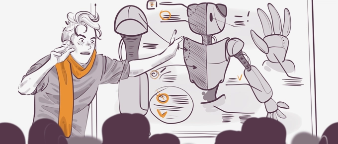 Illustration of a person with a scarf explaining a robot design on a board, gesturing towards diagrams of mechanical components such as a robot arm and hand. Silhouettes of an audience are visible at the bottom, suggesting a presentation or lecture setting.