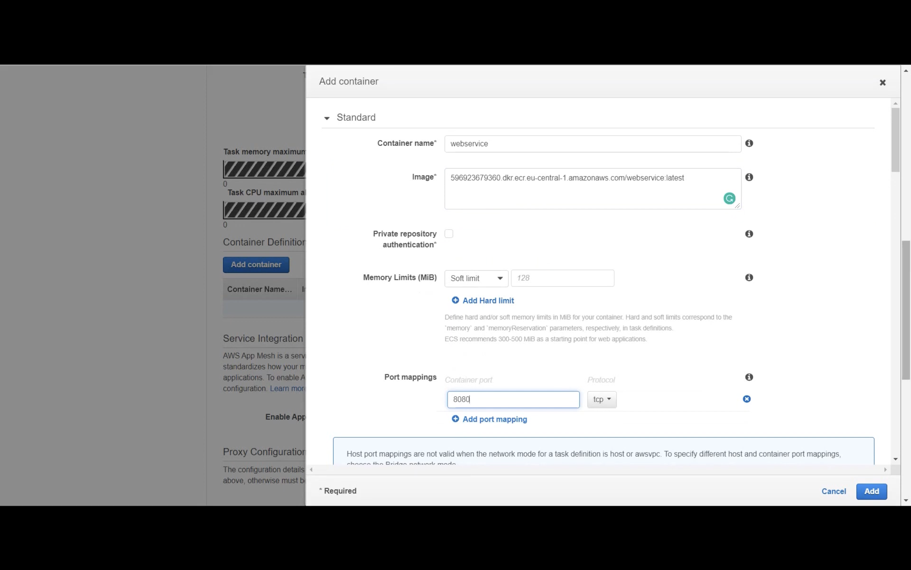 AWS container setup interface showing fields for container name, image URL, memory limits, and port mappings. Port 8080 is specified with TCP protocol. Options for private repository authentication and hard memory limits are visible. "Add" and "Cancel" buttons are at the bottom.