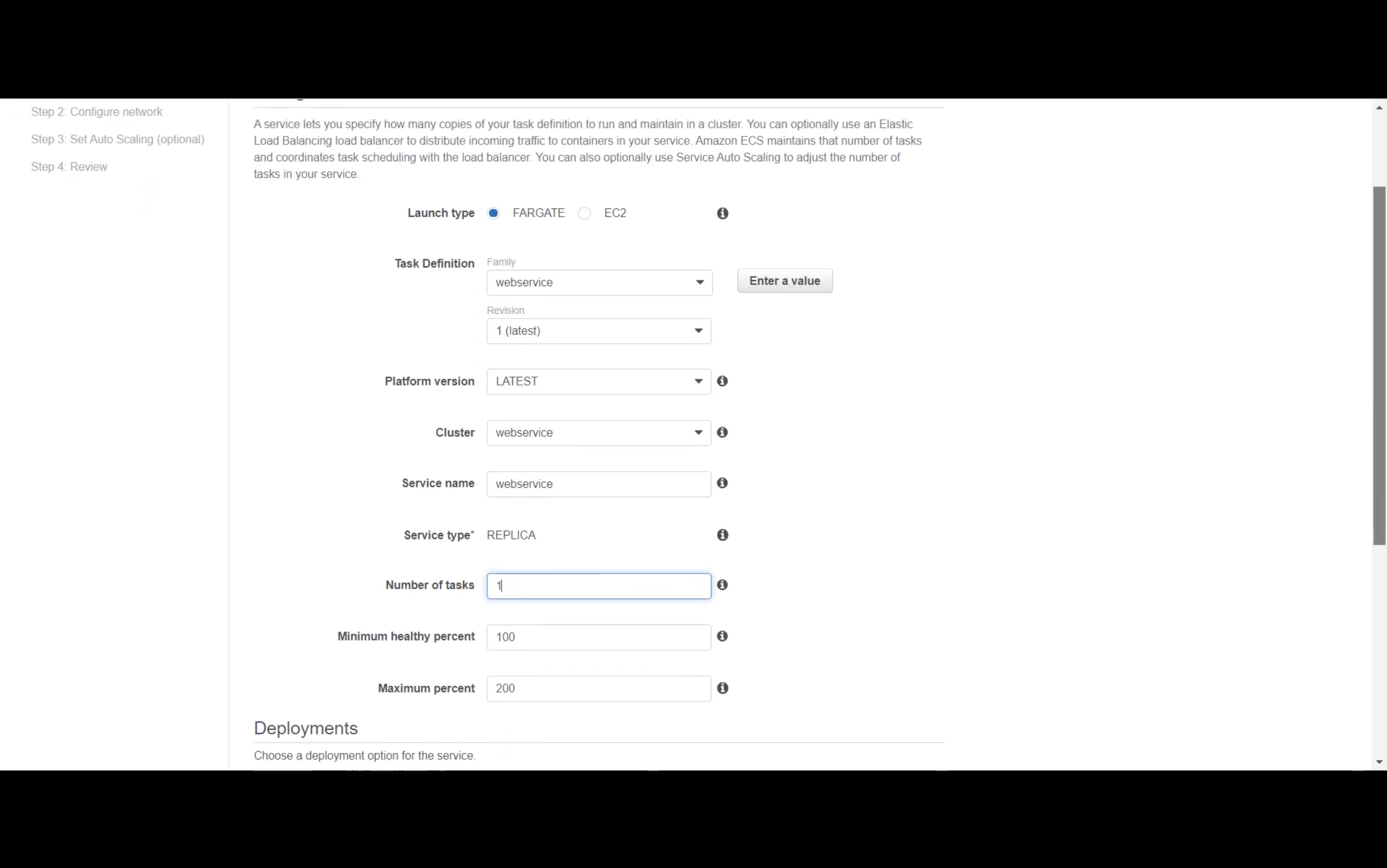 AWS management console screen for configuring a service. Fields include launch type, task definition, platform version, cluster, service name, service type, and number of tasks. Selection options and input boxes are visible for each parameter.