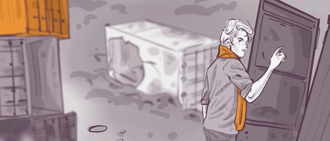 Illustration of a person with white hair and an orange scarf, turning to look back while opening a door on a shipping container. The background shows additional containers with visible dents, set in a desaturated, sketchy style.