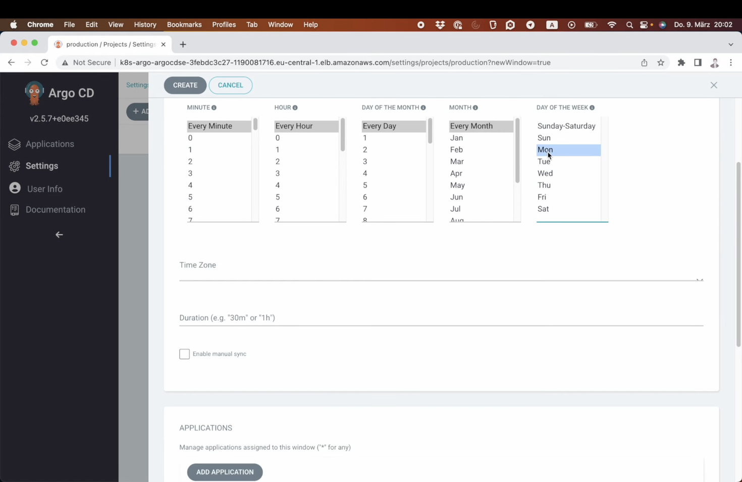 Screenshot of a scheduling configuration interface in Argo CD with sections for minute, hour, day of the month, month, and day of the week, with dropdown selections and a checkbox for enabling manual sync.