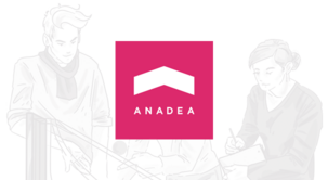 Illustration of two people in an office setting with a central branding logo "Anadea," one person drawing on a whiteboard and another taking notes.
